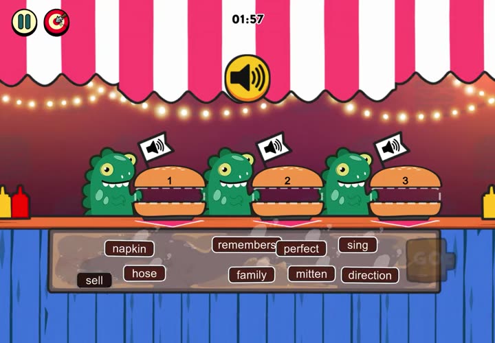 Dino Burger game screen: three dinosaurs hold numbered burgers above a tray of word cards.