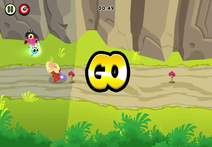 Pop N’Run game screen: a character runs along a forest path under a large GO sign.