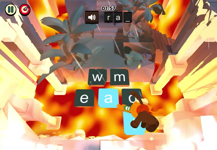 Word Temple game screen: rows of letter stones inside a stone temple, with a word filling in at the top.