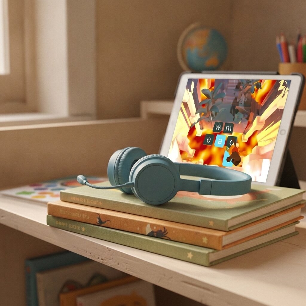 A kids' headset with a microphone rests on a stack of picture books, in front of a tablet that shows the Word Temple game.